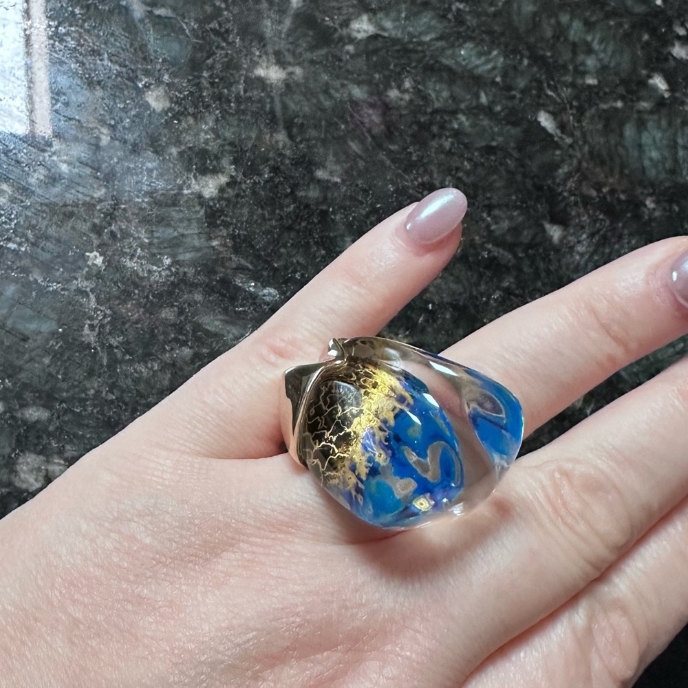 Alexis Bittar Lucite Ring  (Blue and Gold)